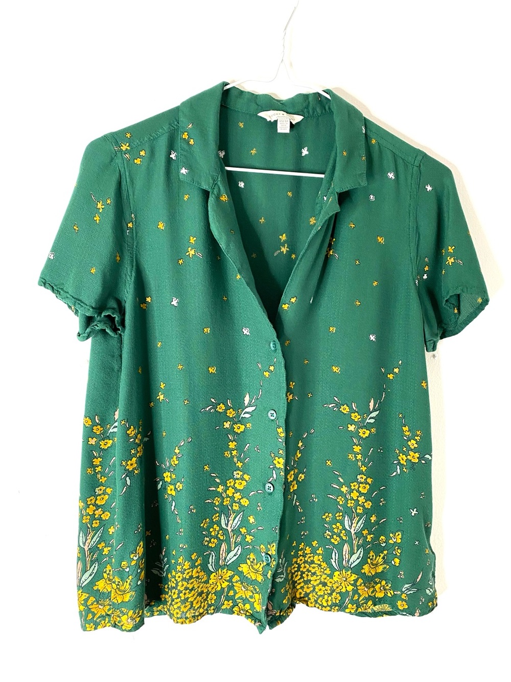 Lucky Brand Green Floral Print Viscose Blouse Short Sleeve Button Front Boho